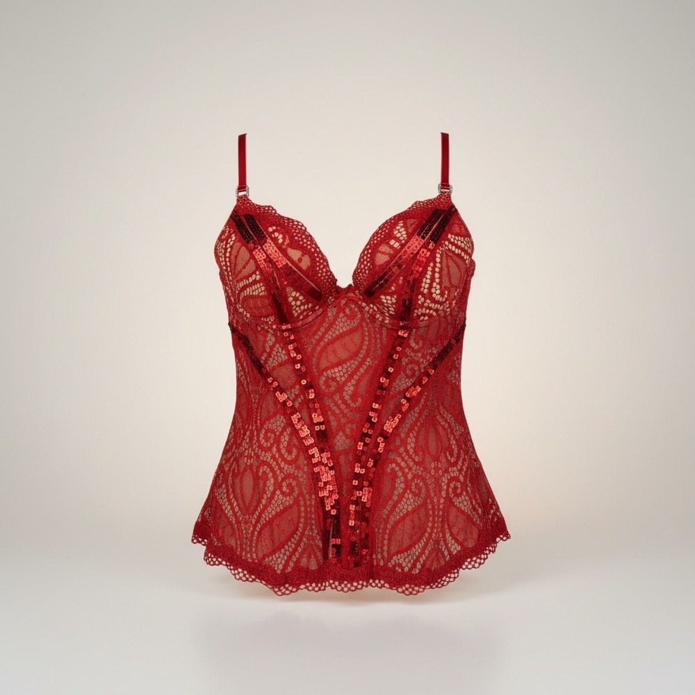 Pleasure State White Label Red Lace Sequin Bustier Corset Top 36B Underwire‎ Cup